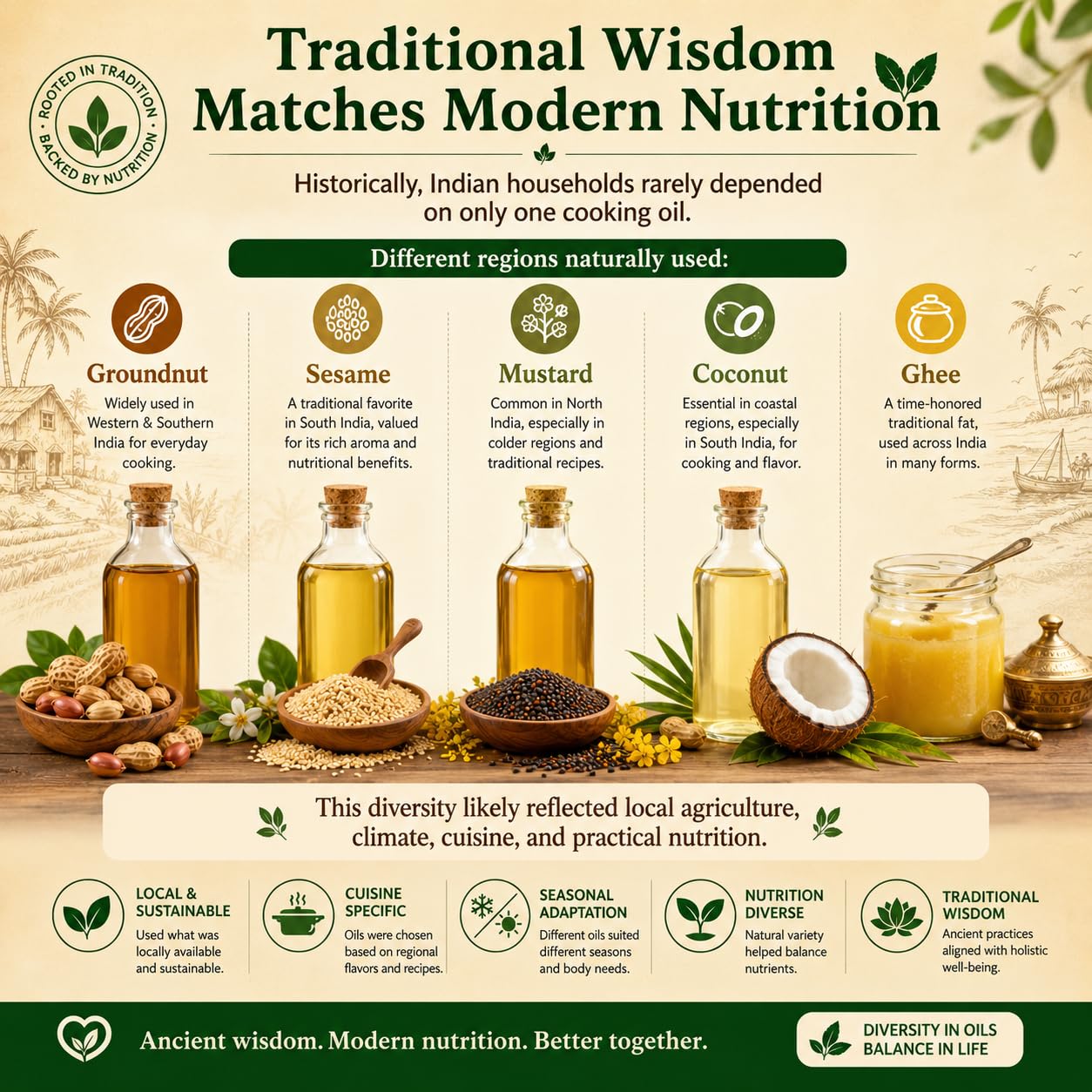 Groundnut oil and other seed oil bottles displayed on a nutrition guide poster.