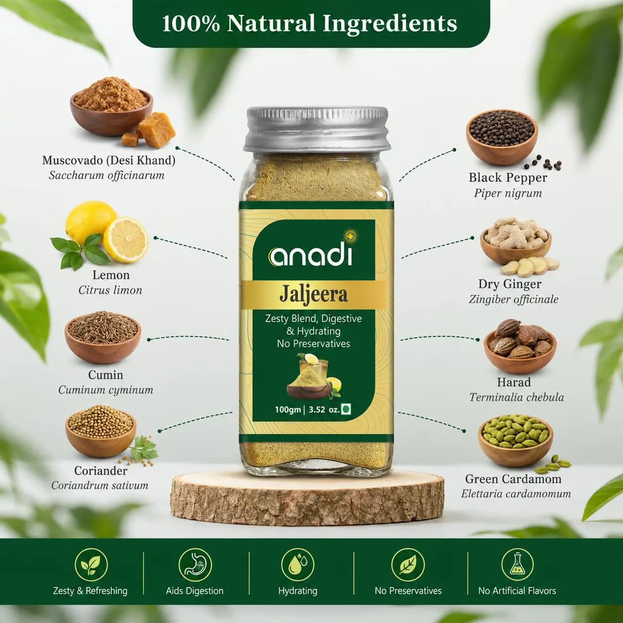 anadi Jaljeera bottle with ingredient callouts around it