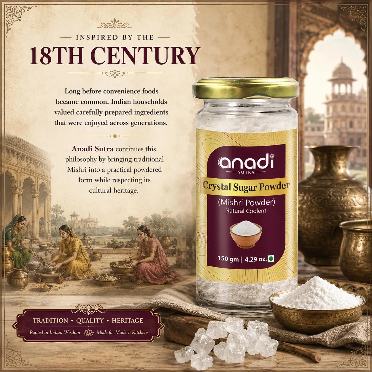 Crystal sugar powder jar with gold lid and white sugar crystals in front