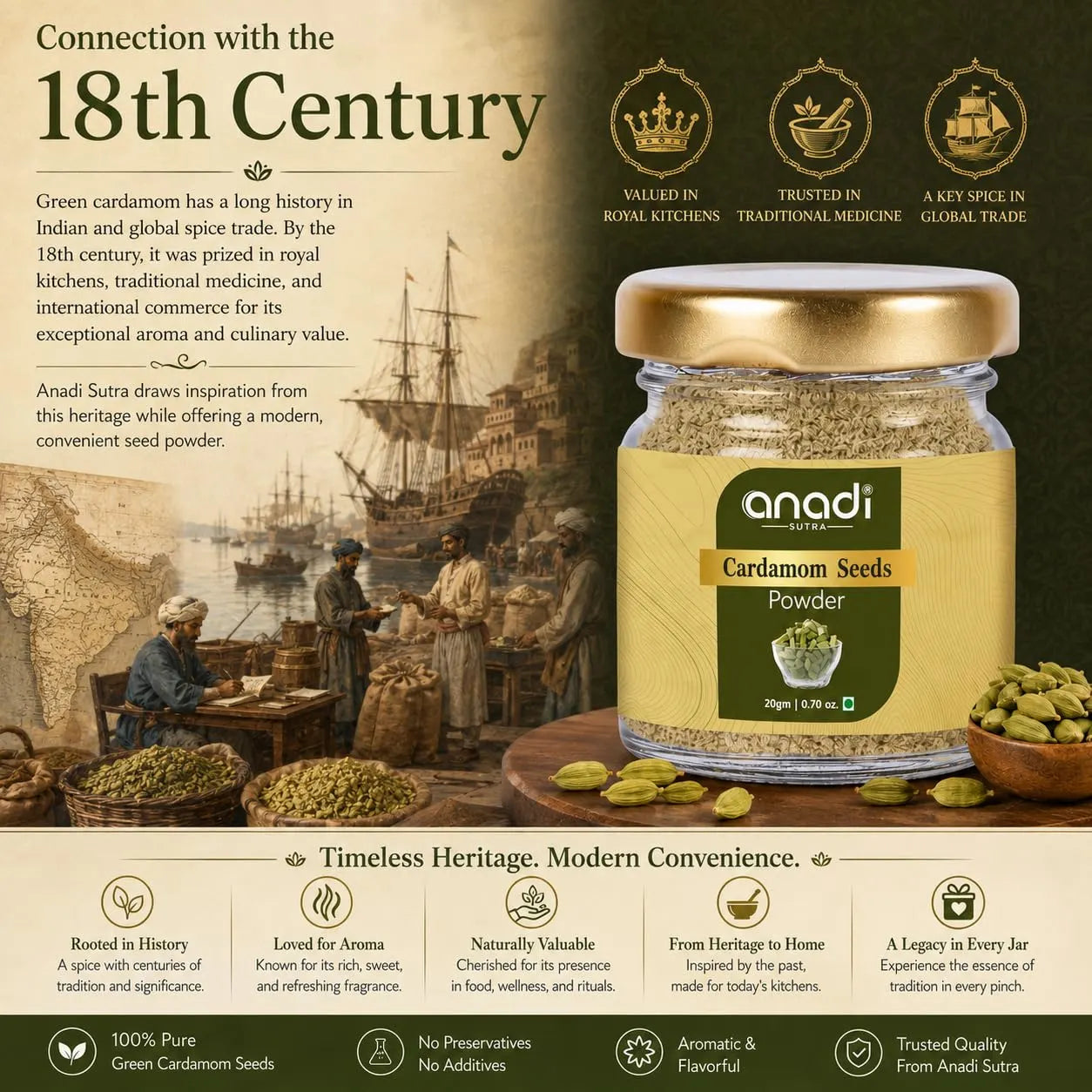 Cardamom seeds powder jar with gold lid, whole pods and small bowl of ground spice