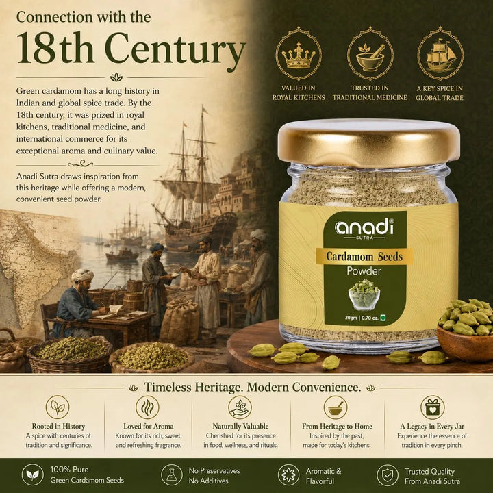Cardamom seeds powder jar with gold lid, whole pods and small bowl of ground spice