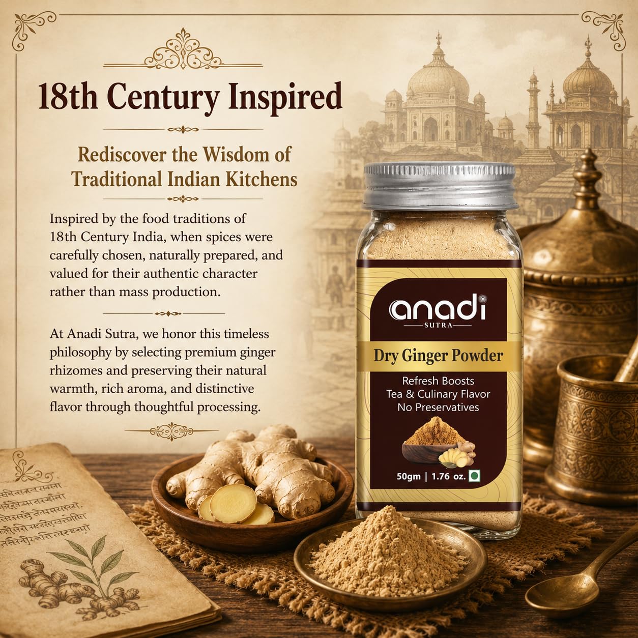 Dry ginger powder jar with ginger root and bowls of powder for cooking