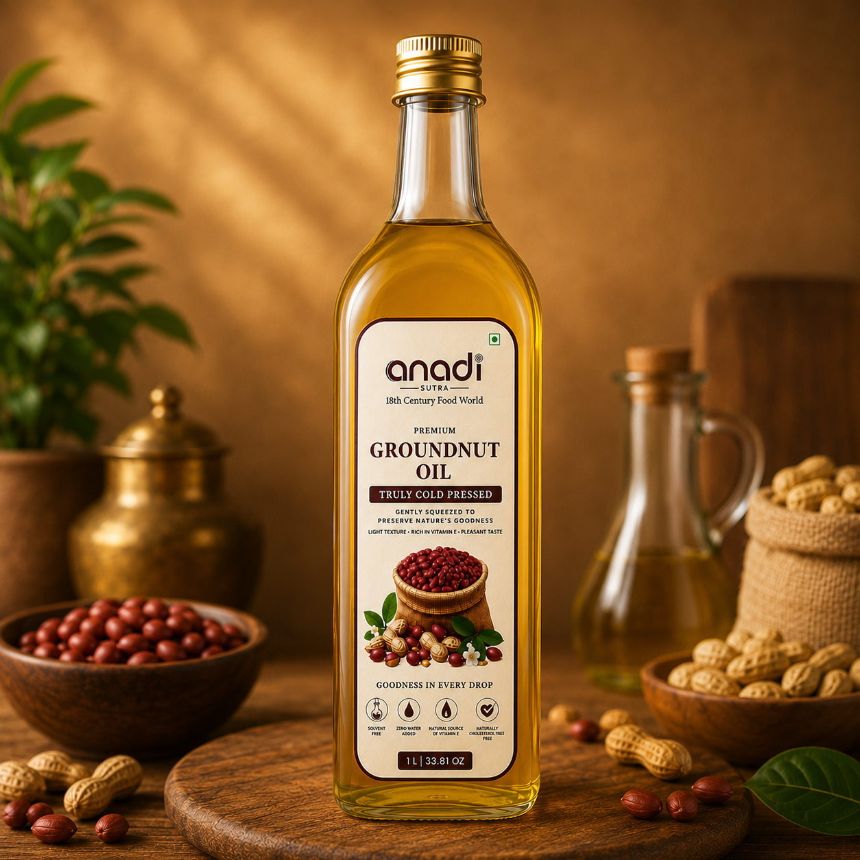 Groundnut oil bottle (1 L) with gold cap, amber liquid, anadi label on glass.