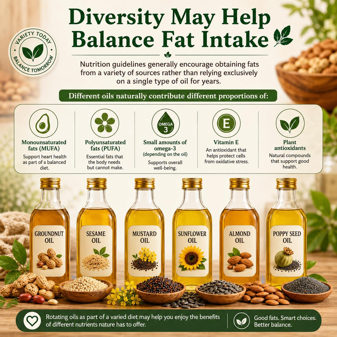 Assorted anadi oil bottles with amber liquid, infographic about balancing fat intake.