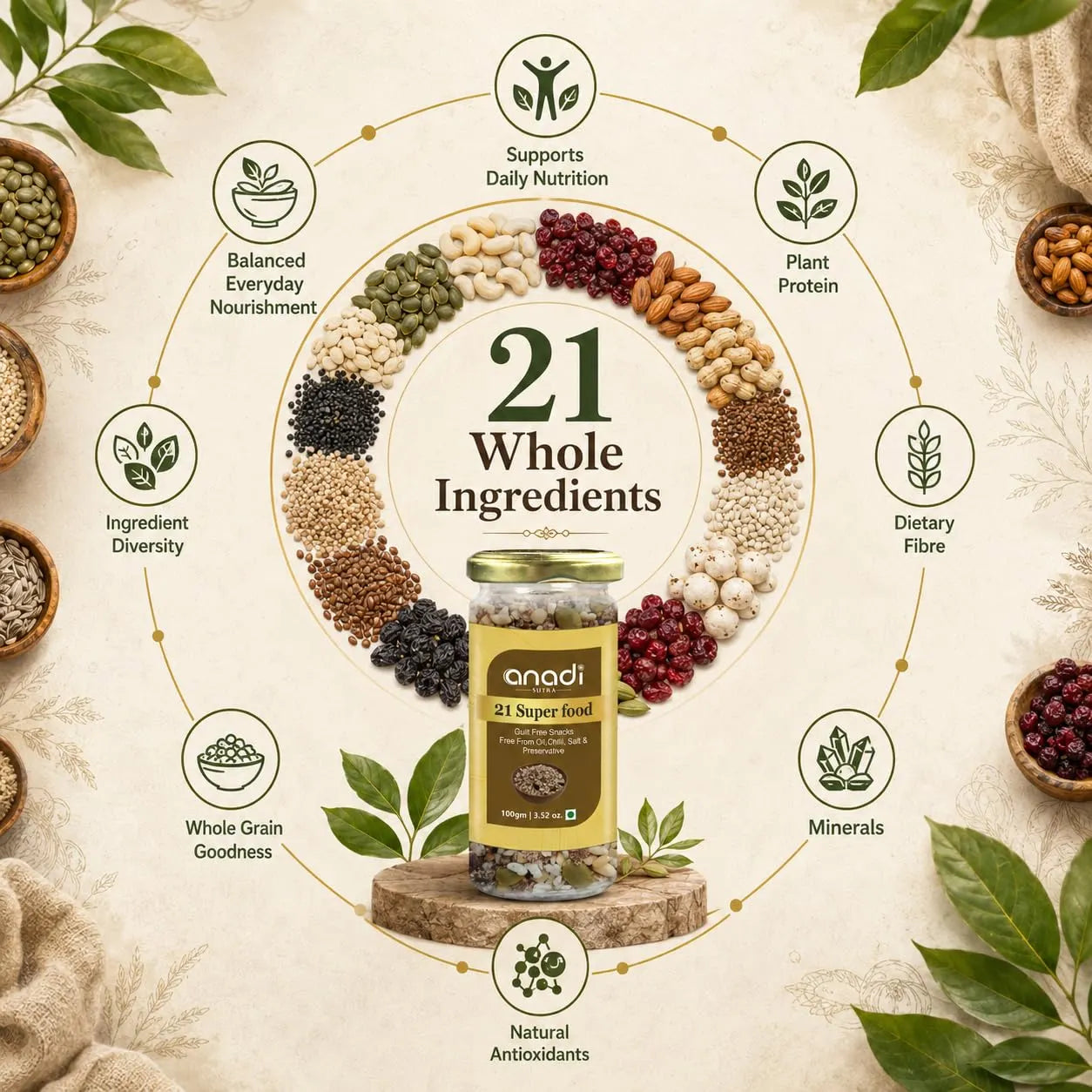 Whole ingredients display with mixed seeds and 21 Superfood jar centerpiece