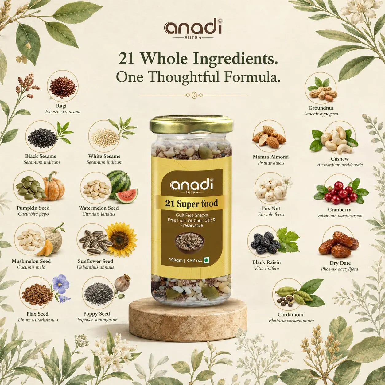 21 Superfood jar with gold lid and surrounding whole ingredient illustrations