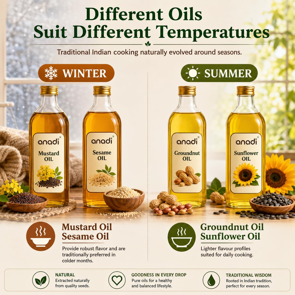 Seasonal cooking guide poster showing anadi groundnut oil and other oils for winter and summer.