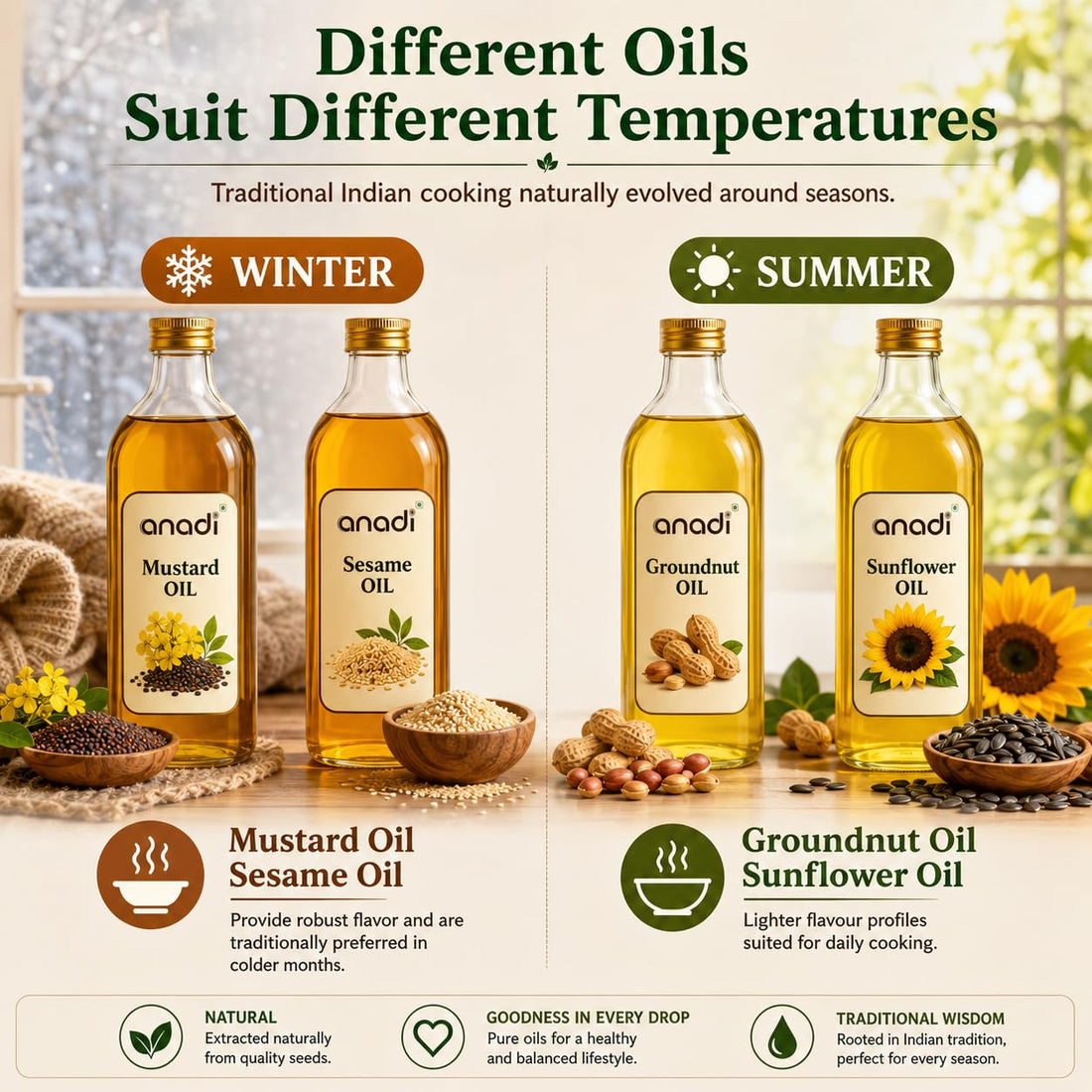 Seasonal cooking guide poster showing anadi groundnut oil and other oils for winter and summer.
