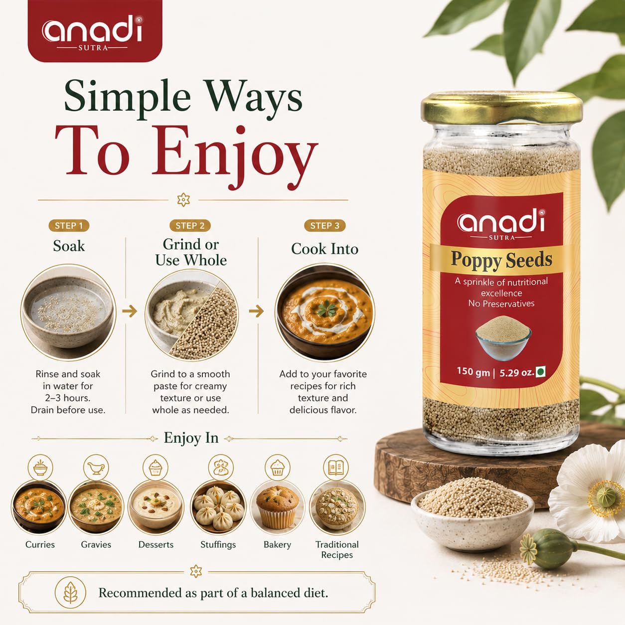 anadi Poppy Seeds jar with gold lid and bowl of white poppy seeds