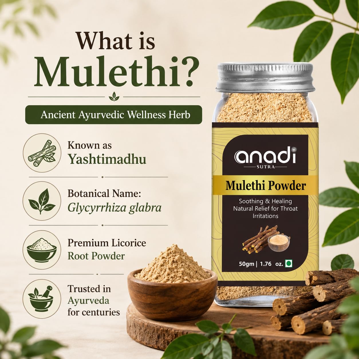 Mulathi powder with jar and bowl of brown powder, Anadi Sutra label, 50 gm