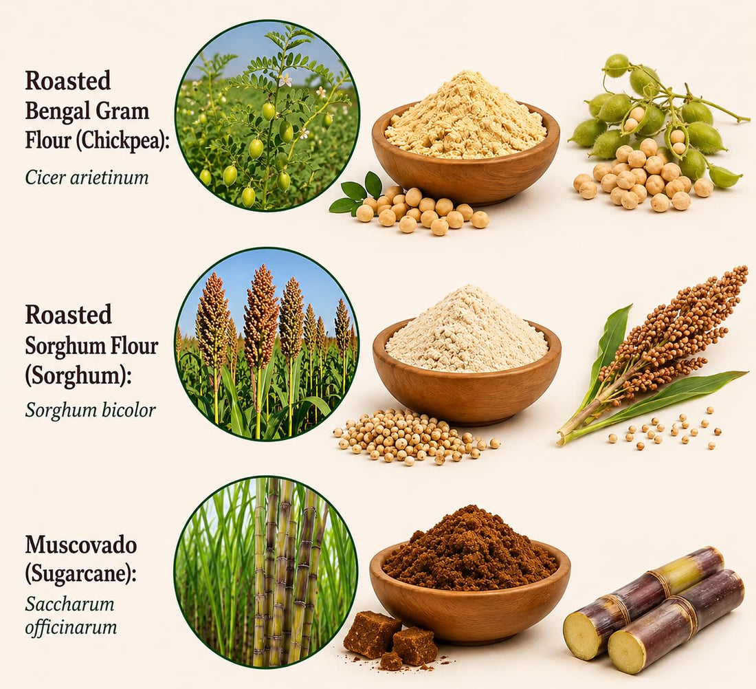 3-pack sattu premix (150 g): roasted bengal gram, sorghum, and muscovado sugarcane