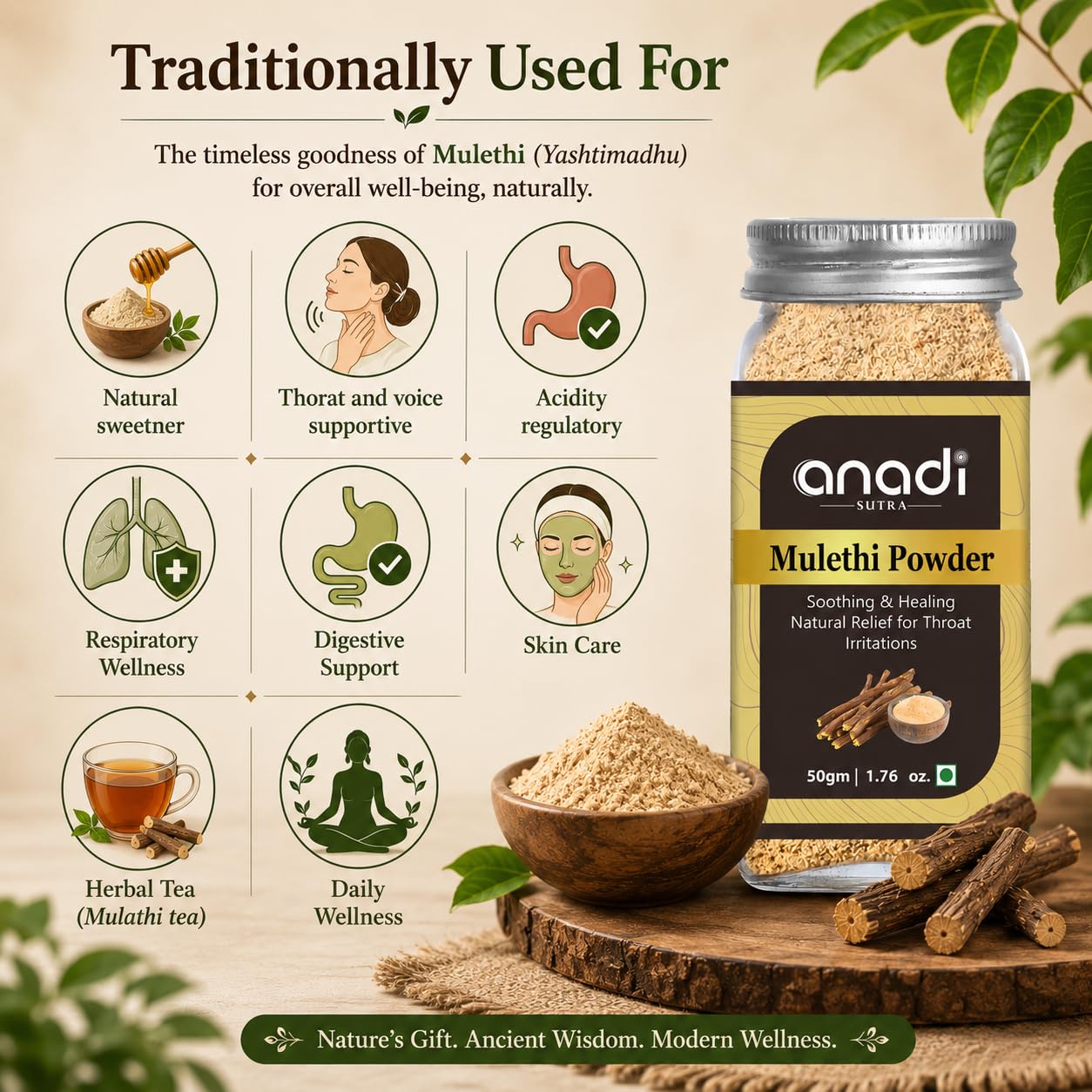 Mulathi powder jar with brown powder on wooden board, Anadi Sutra label, 50 gm