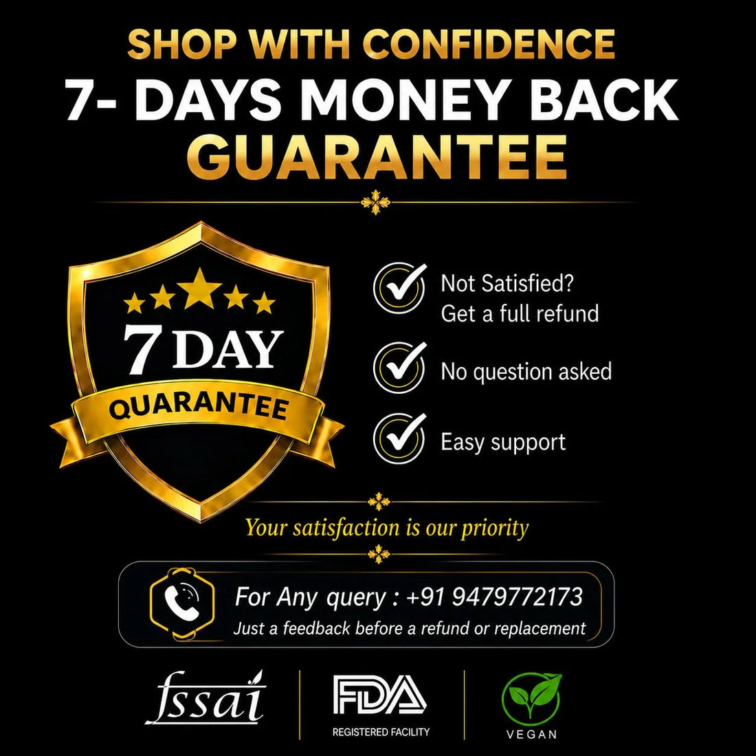 Gold 7-day money-back guarantee badge with shop with confidence information