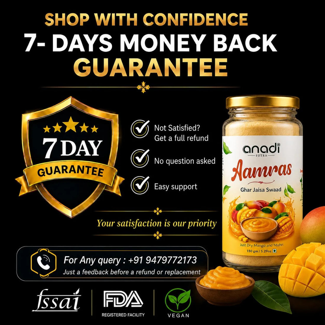 Mango fruit pulp jar with gold lid, mango pieces and green leaves