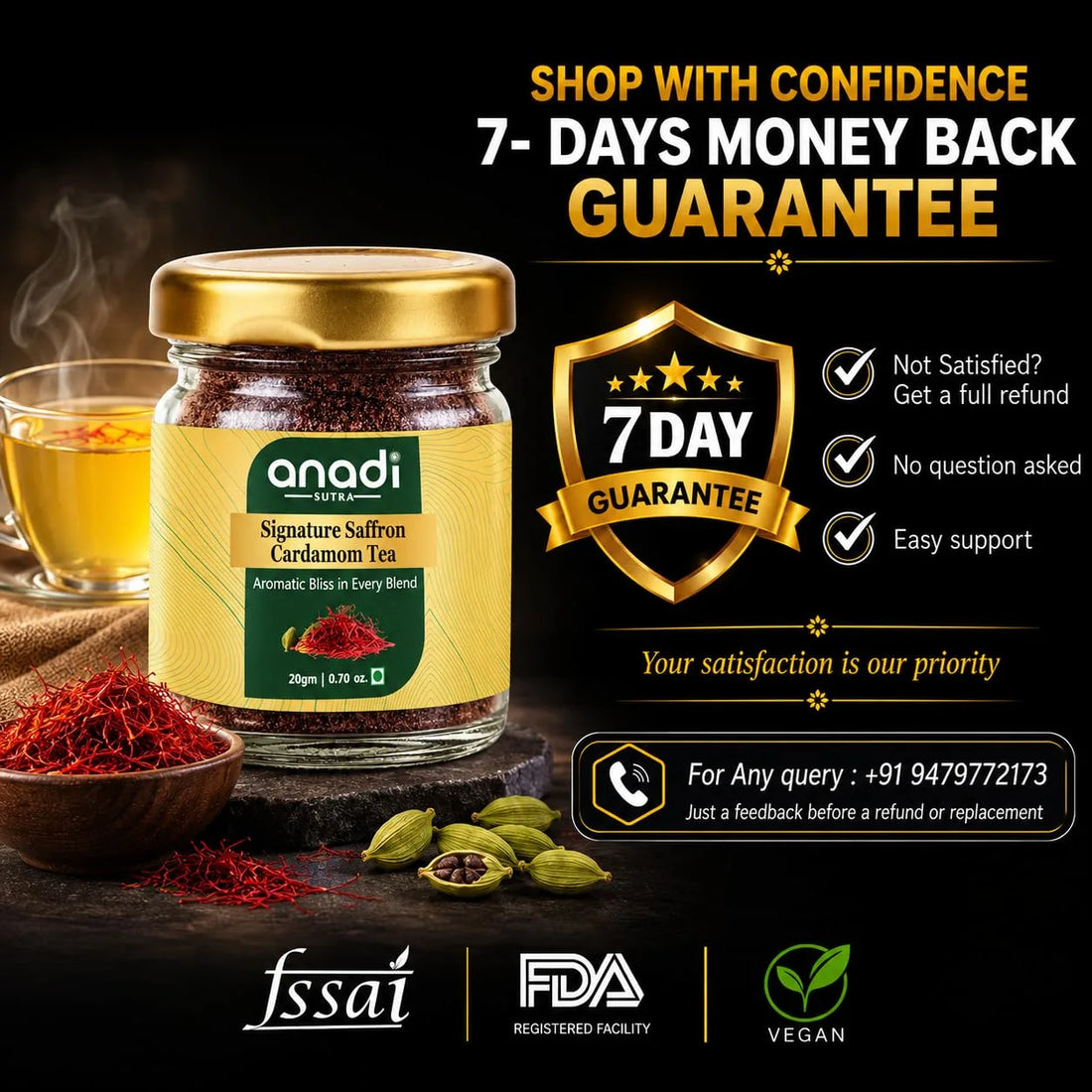 Saffron cardamom tea jar with gold lid and 7-day guarantee badge