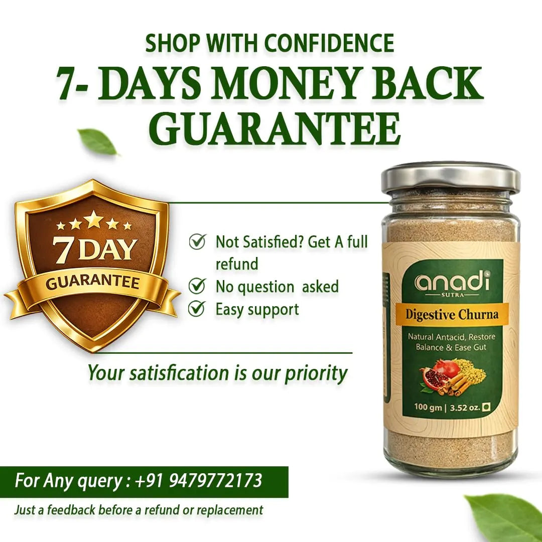 anadi sutra digestive churna jar with green label beside 7-day money back guarantee badge