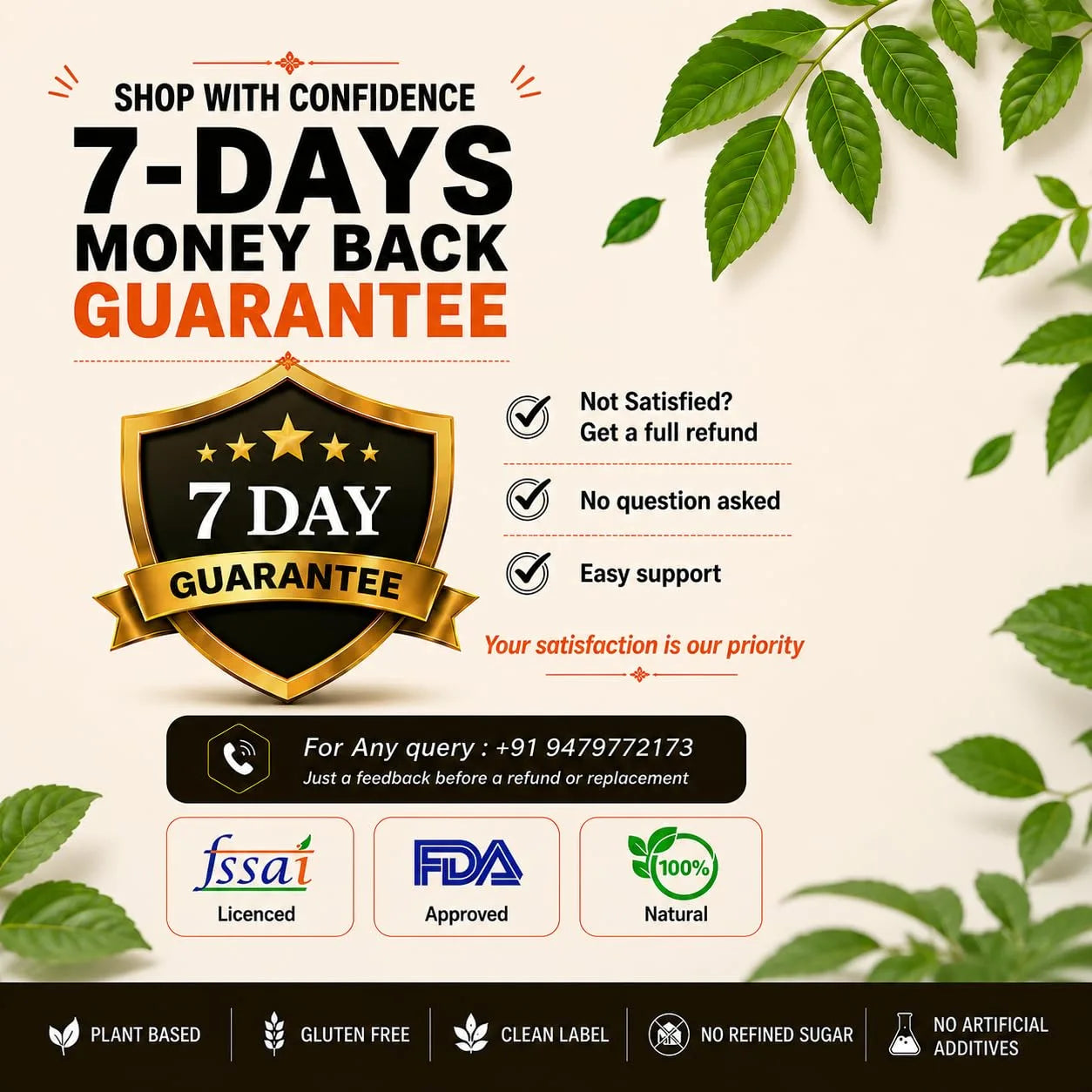 Jeeravan hing spice blend promotional guarantee graphic with refund and support icons
