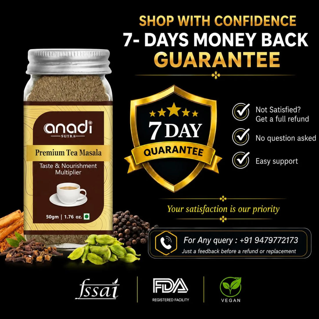 Tea masala jar with premium label, 50 g size, and gold satisfaction guarantee badge