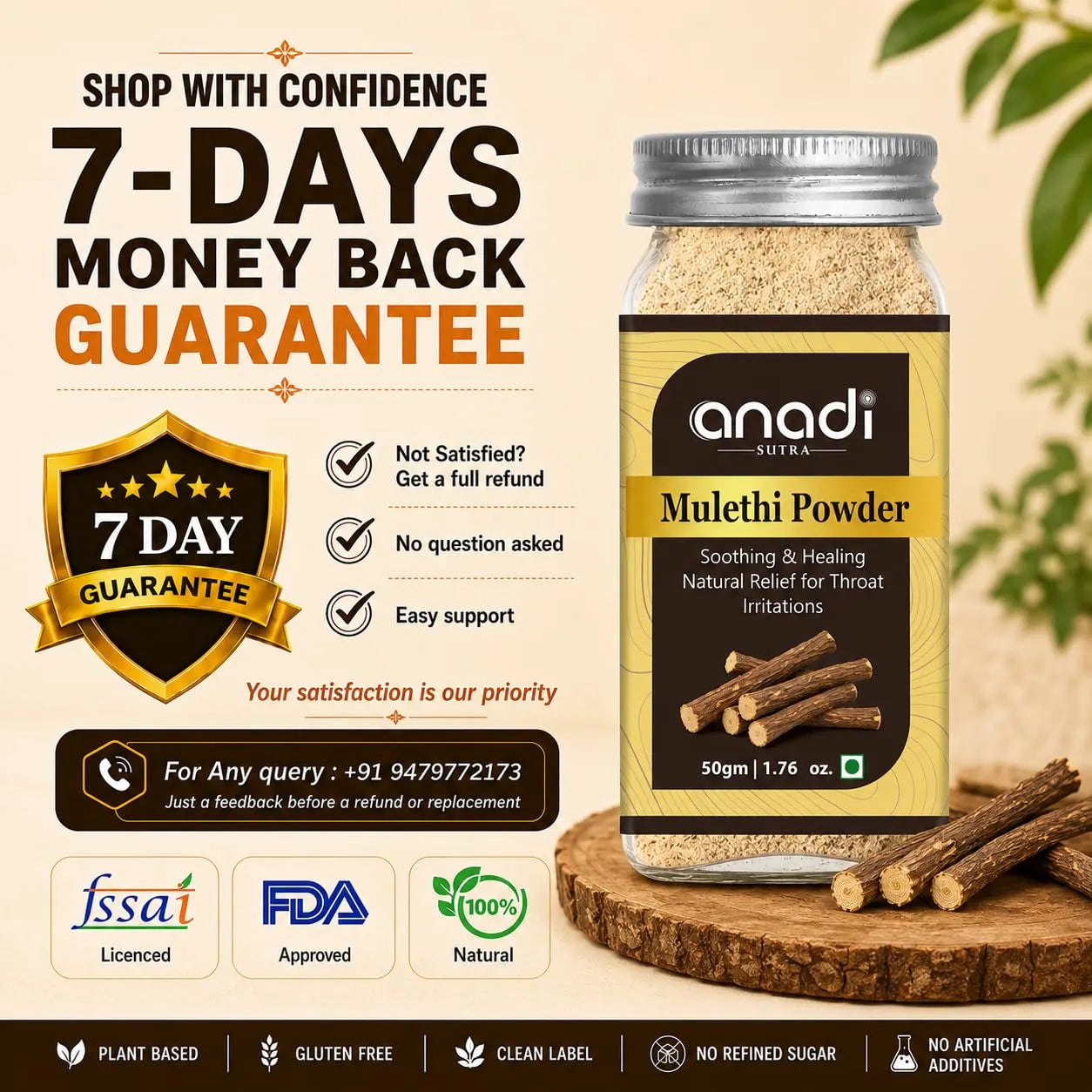 Mulethi powder bottle with herbal root sticks and beige powder on a wooden base, 50 g