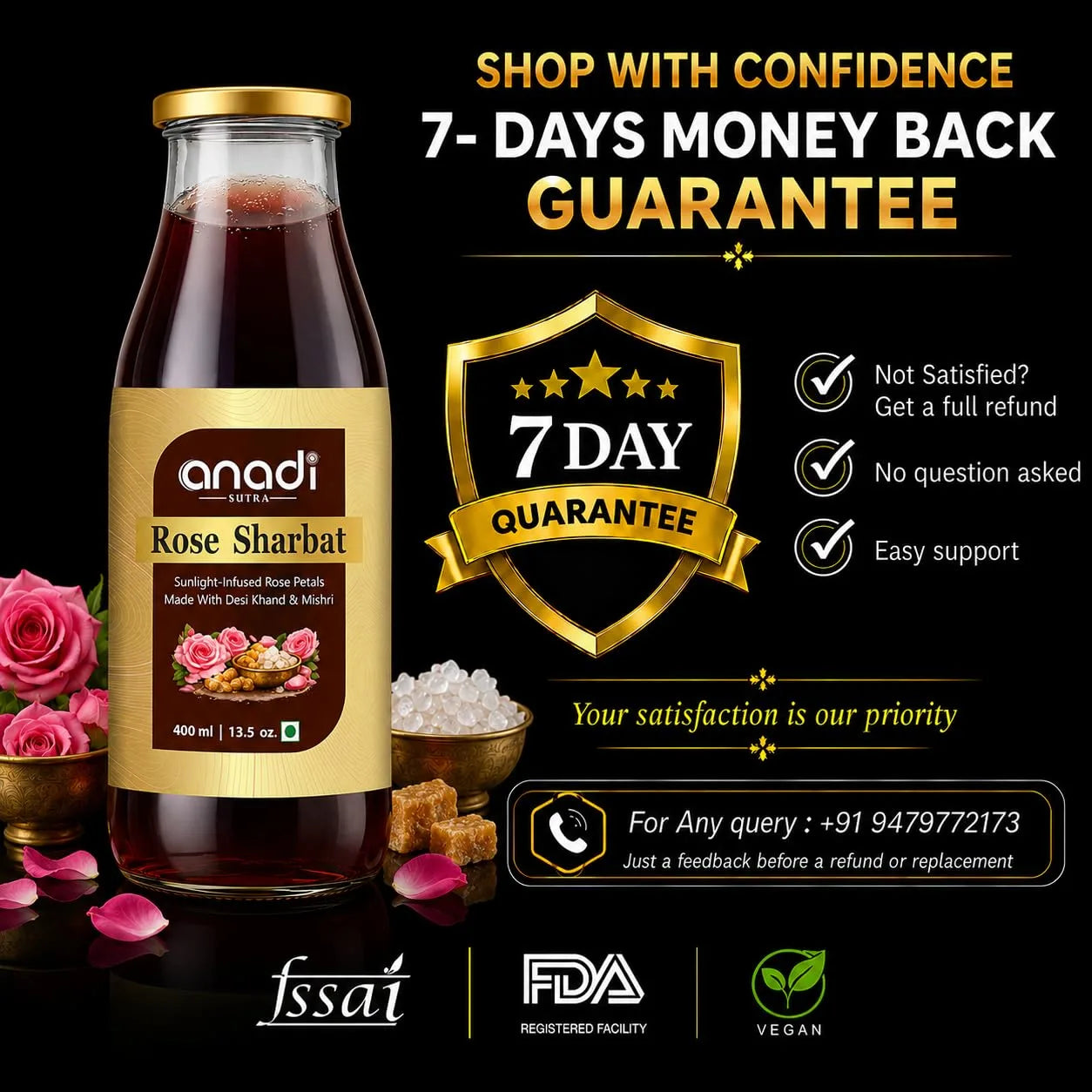Rose sharbat bottle with 7-day money back guarantee badge and trust icons