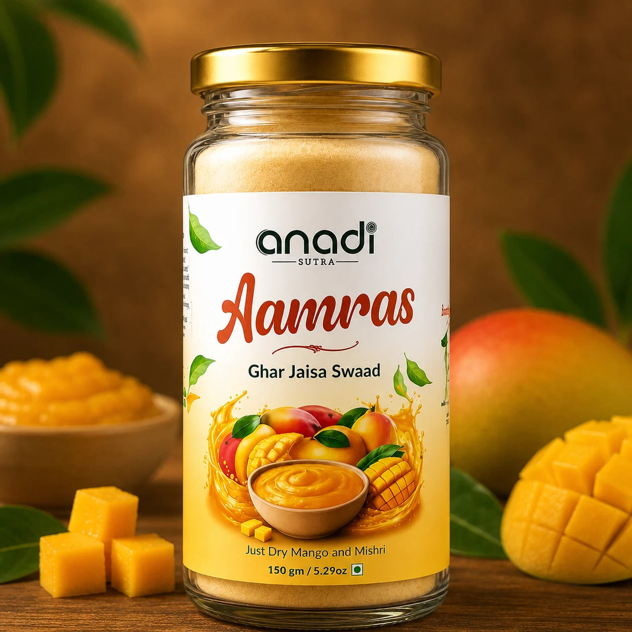 Aamras fruit preserve jar, anadi sutra 150 g glass bottle with mango label
