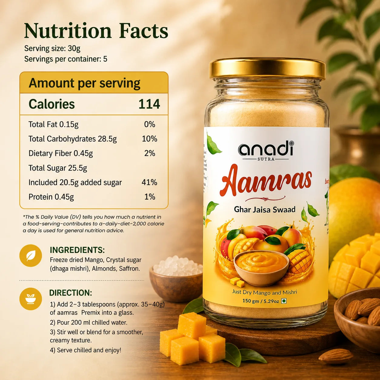 Glass jar of Anadi Aamras, 150 gm mango pulp dessert