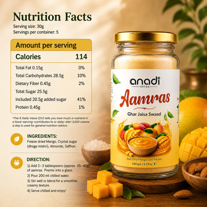 Glass jar of Anadi Aamras, 150 gm mango pulp dessert