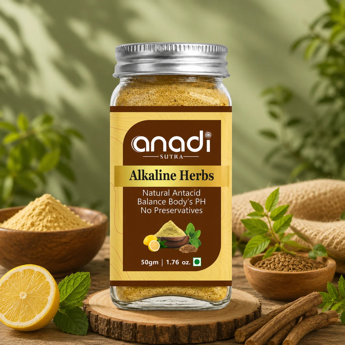 Anadi Sutra Alkaline Herbs glass jar with dark herbal powder and silver lid, 50gm