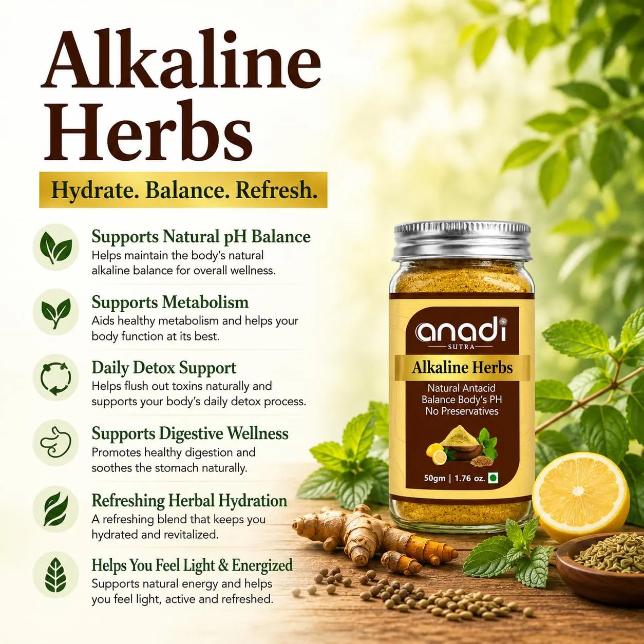 Anadi Sutra Alkaline Herbs jar with dark herb powder and silver lid beside citrus