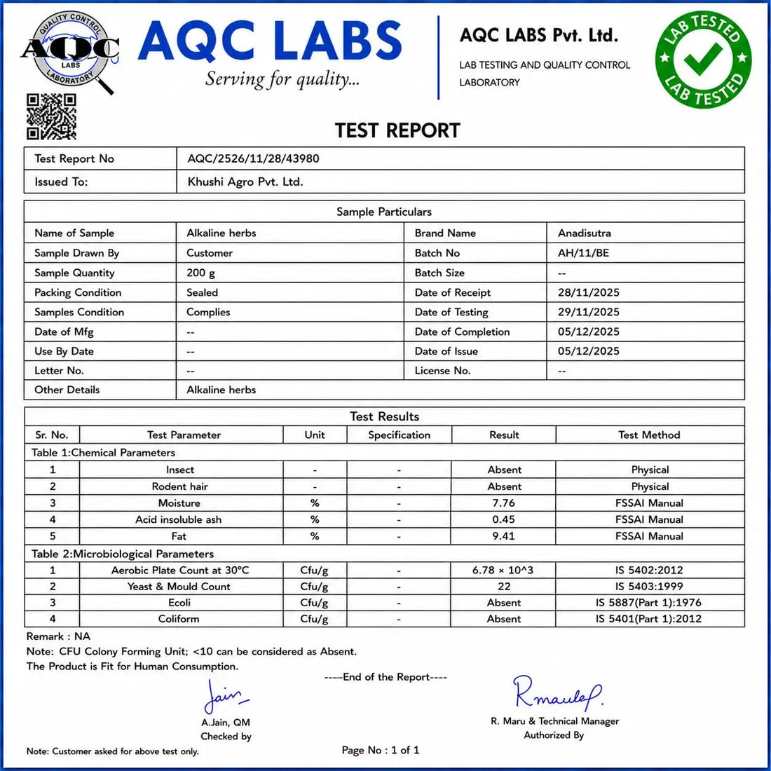 AQC LABS test report document for Anadi Sutra Alkaline herbs, quality tested page