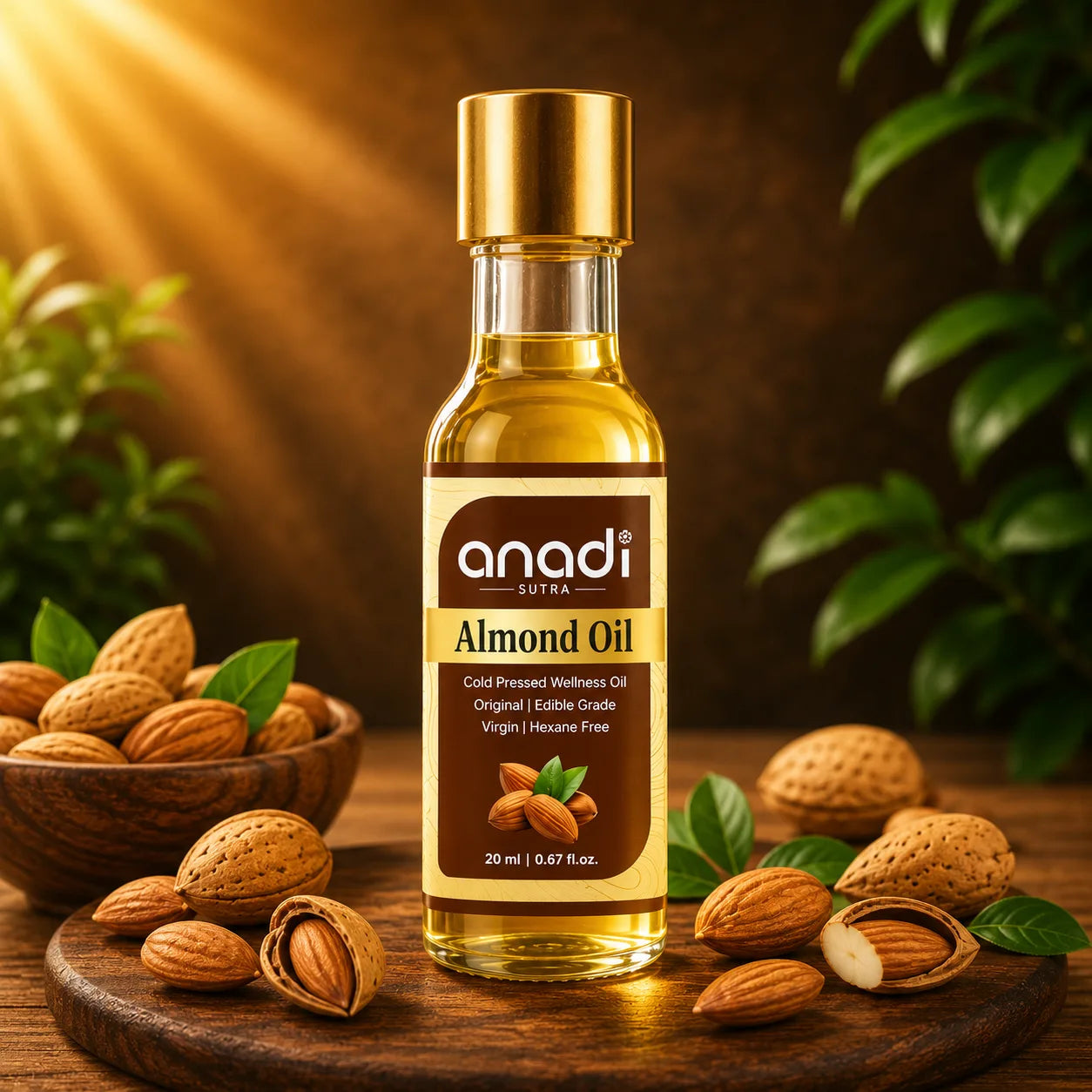 Almond oil glass bottle with gold cap and amber liquid, on wood with almonds