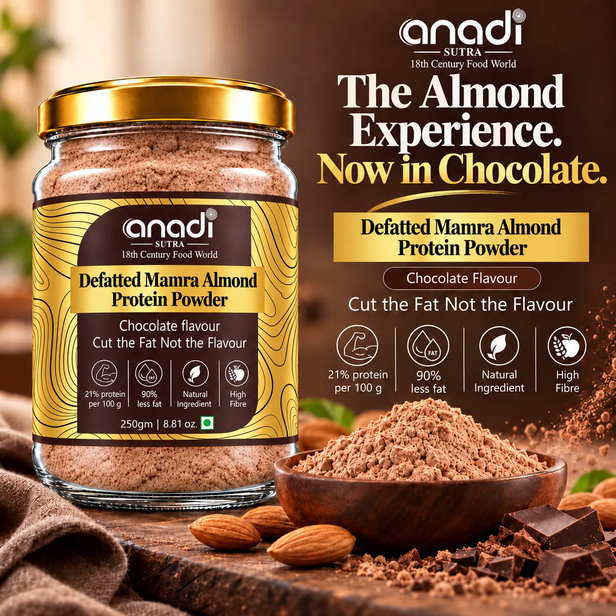 anadi defatted almond protein powder jar with bowl of chocolate powder and almonds
