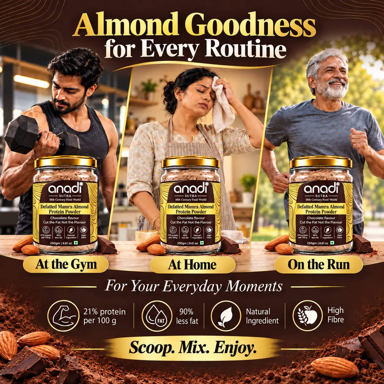 Three anadi defatted almond protein powder jars, with almonds and chocolate pieces