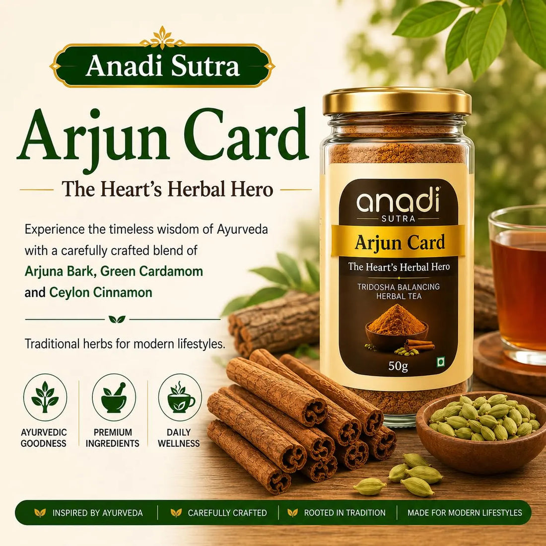 Arjun Card herbal powder jar, 100 g, with gold lid and brown powder inside