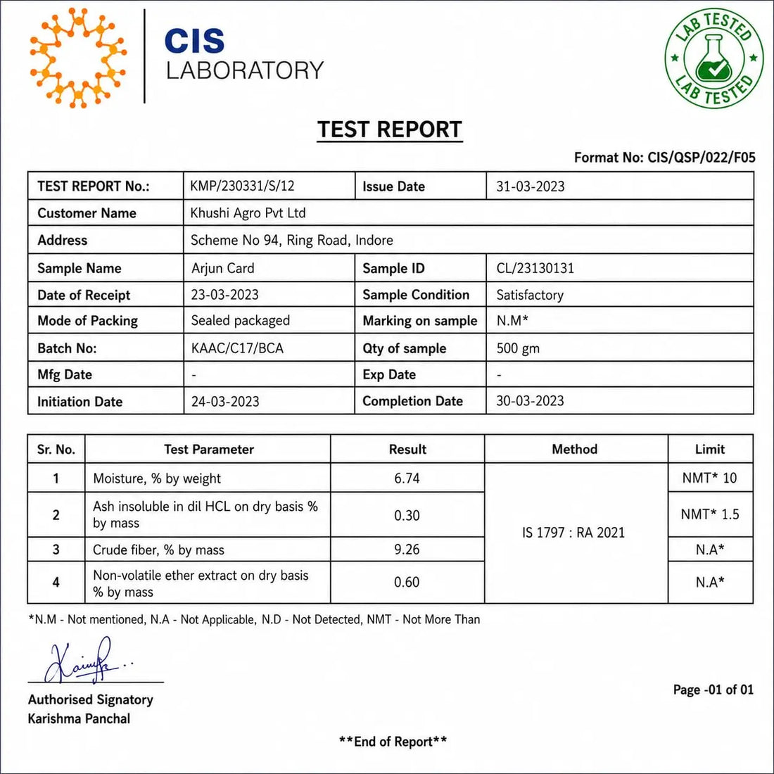 CIS Laboratory test report document for Arjun Card, including moisture and ash results
