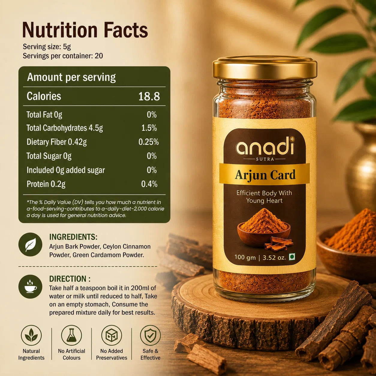Arjun Card spice jar with gold label and clear glass filled with brown powder