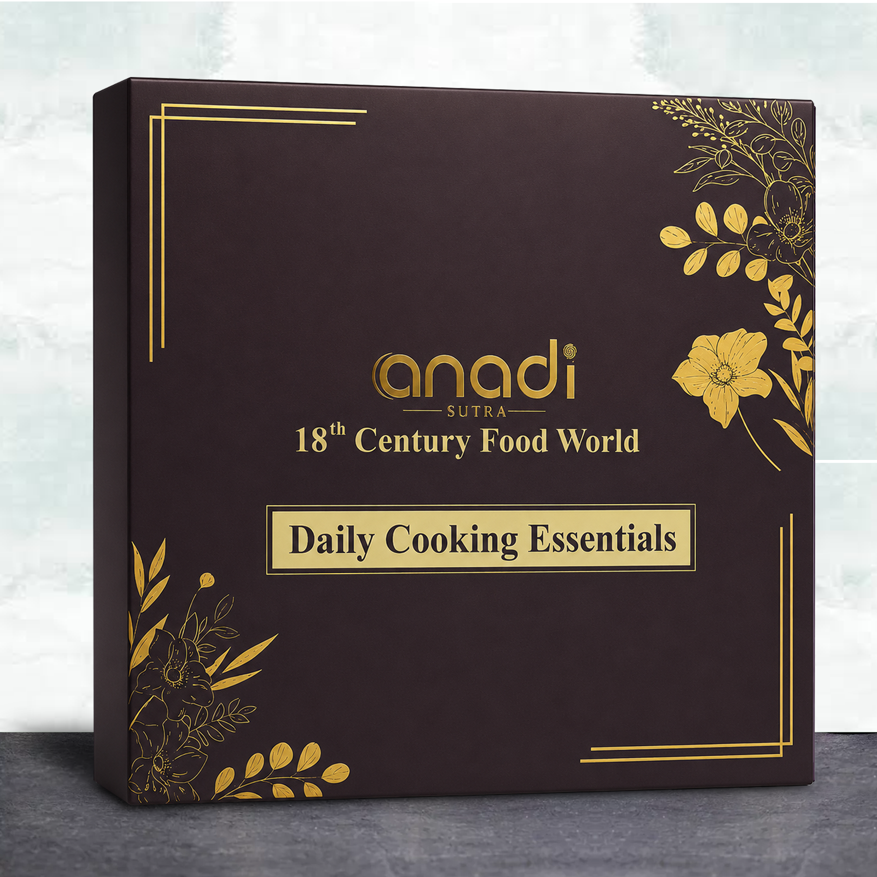 Daily Cooking Essentials gift box, dark purple with gold floral border and logo