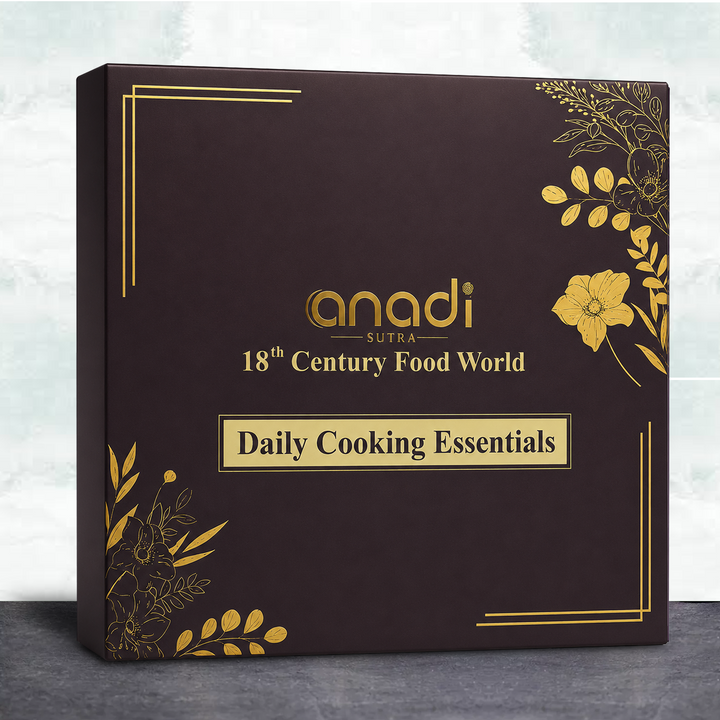 Daily Cooking Essentials gift box, dark purple with gold floral border and logo