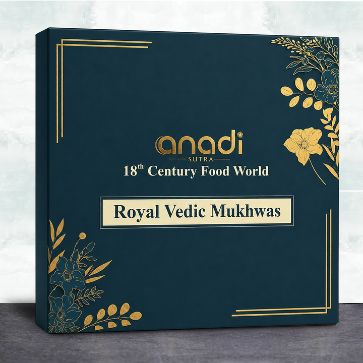 Royal Vedic Mukhwas gift box, dark teal with gold floral border