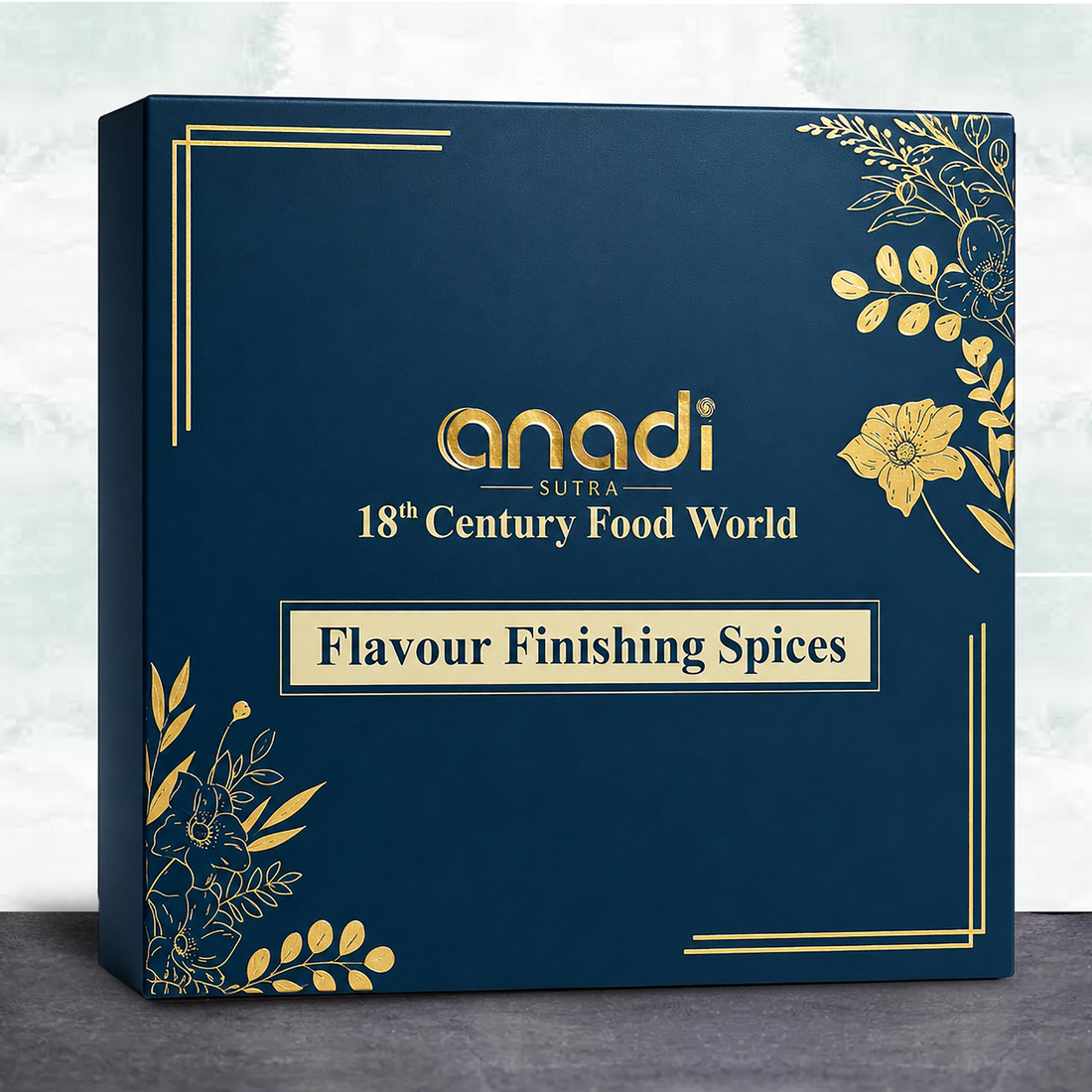 Flavour Finishing Spices gift box, dark blue with gold label and floral design