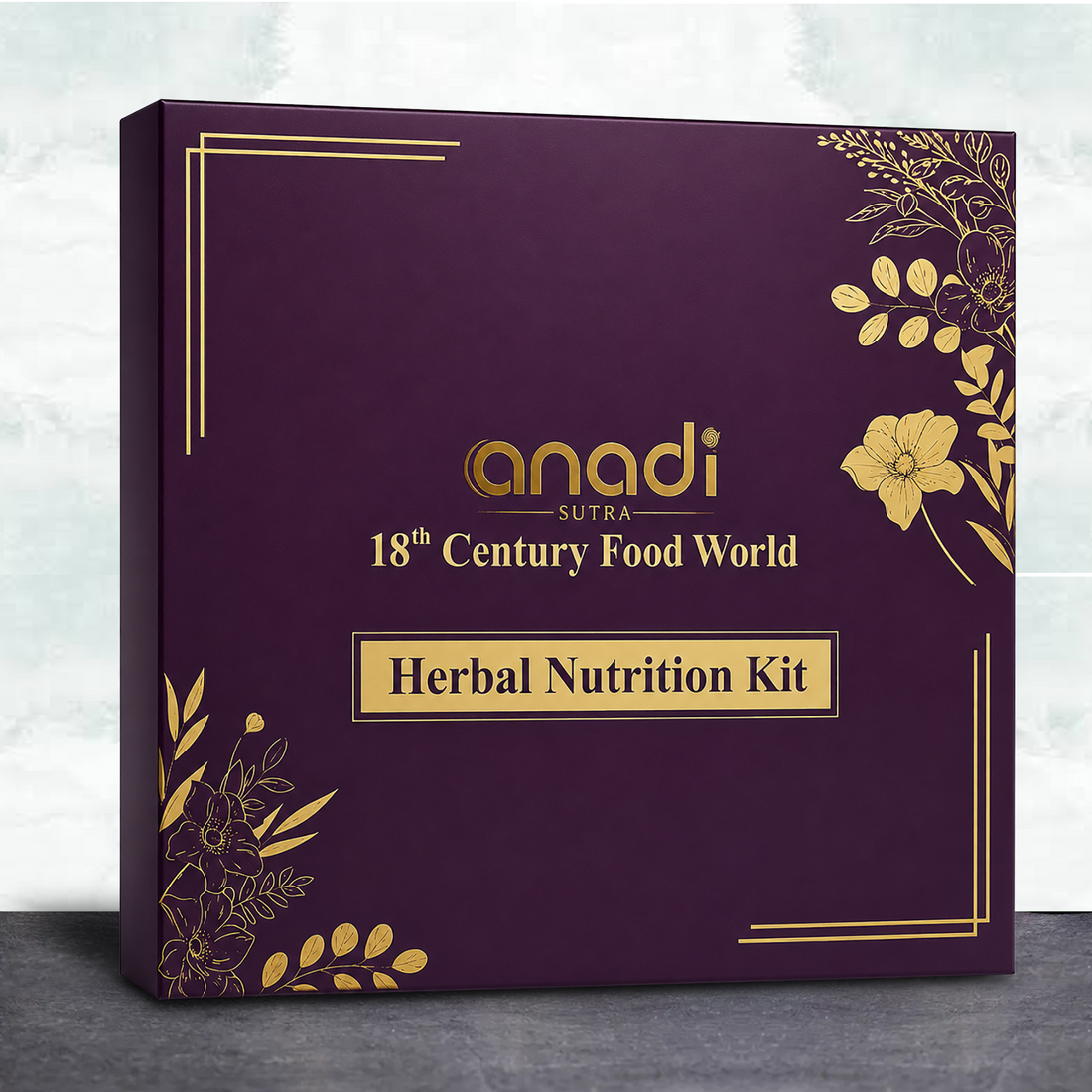Herbal nutrition kit gift box in dark purple with gold flowers, logo, and title panel