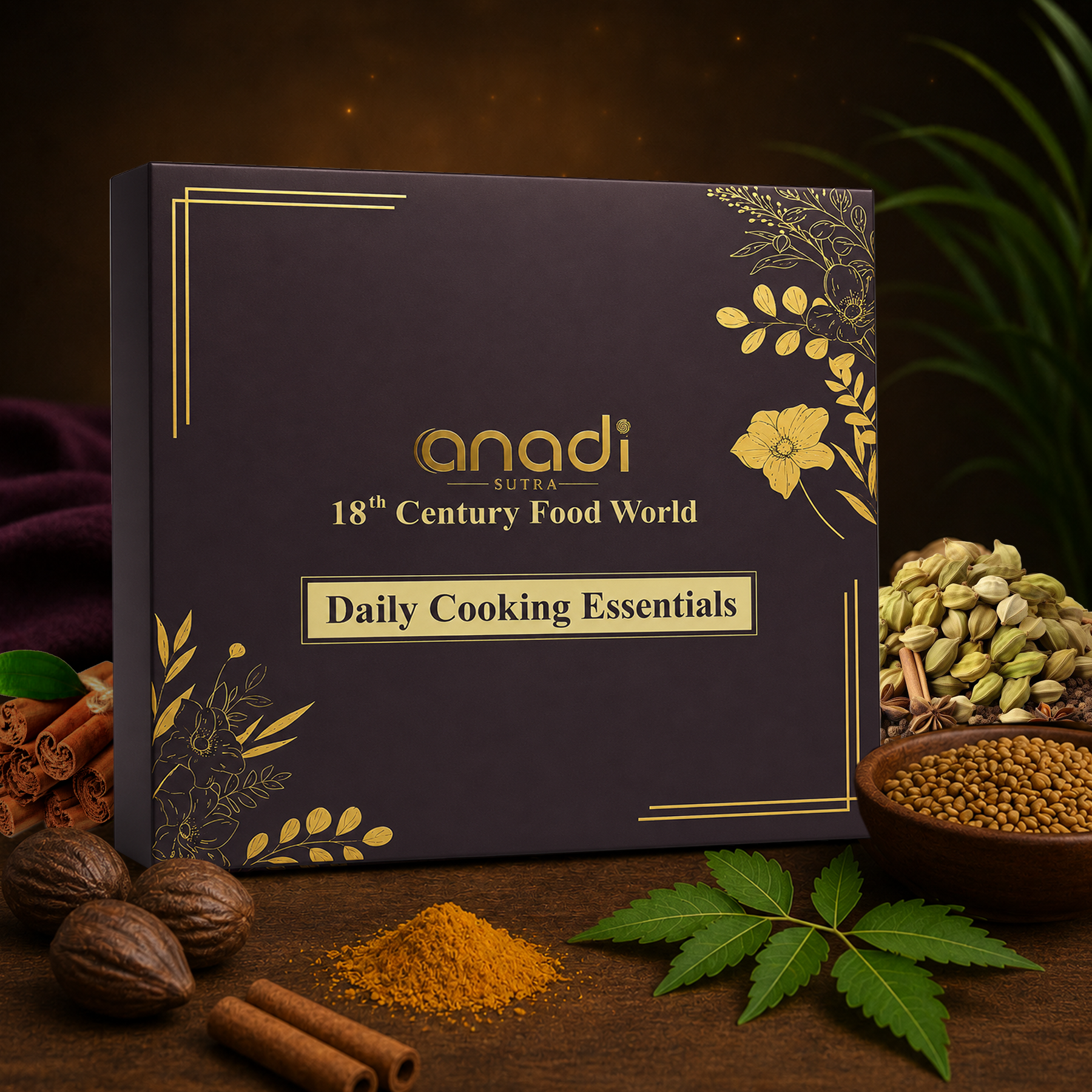 Cooking essentials gift box, dark purple with gold floral corner art and logo