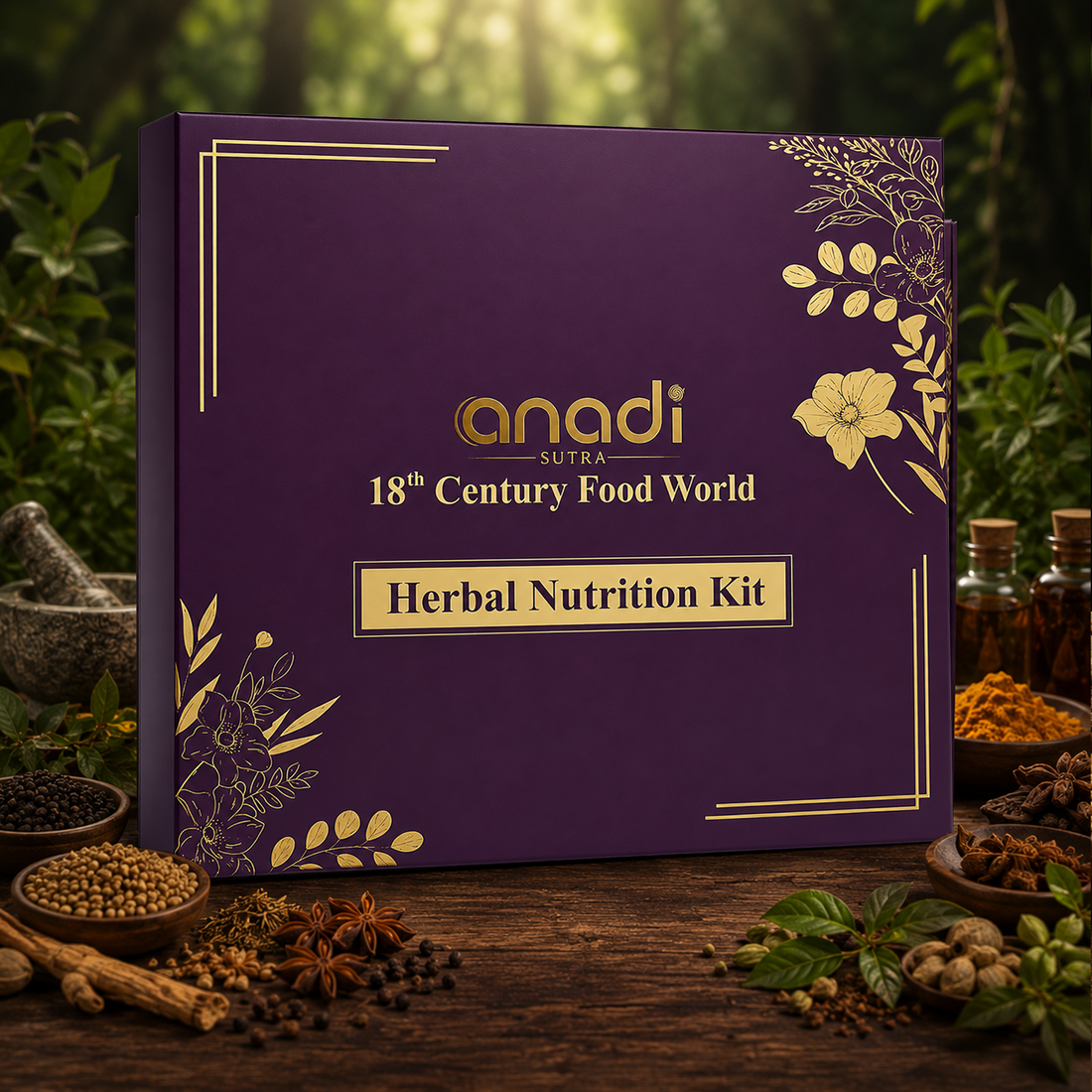 Herbal nutrition kit gift box, dark purple with gold botanical border and logo