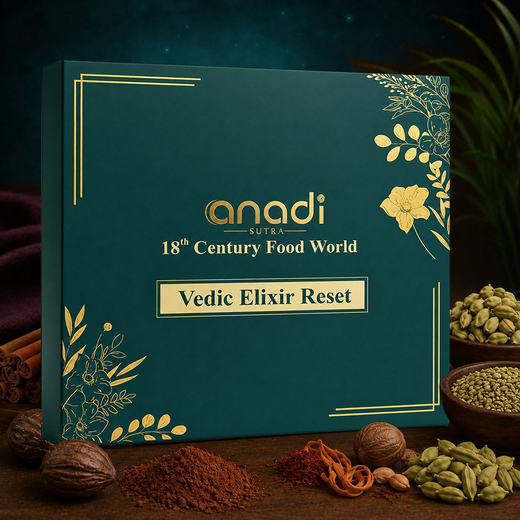 Vedic Elixir Reset box with gold botanical design and green cover