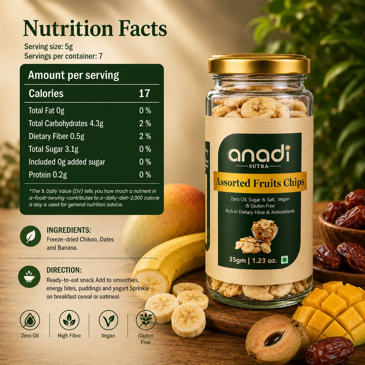Assorted fruit chips in glass jar with label and banana chips