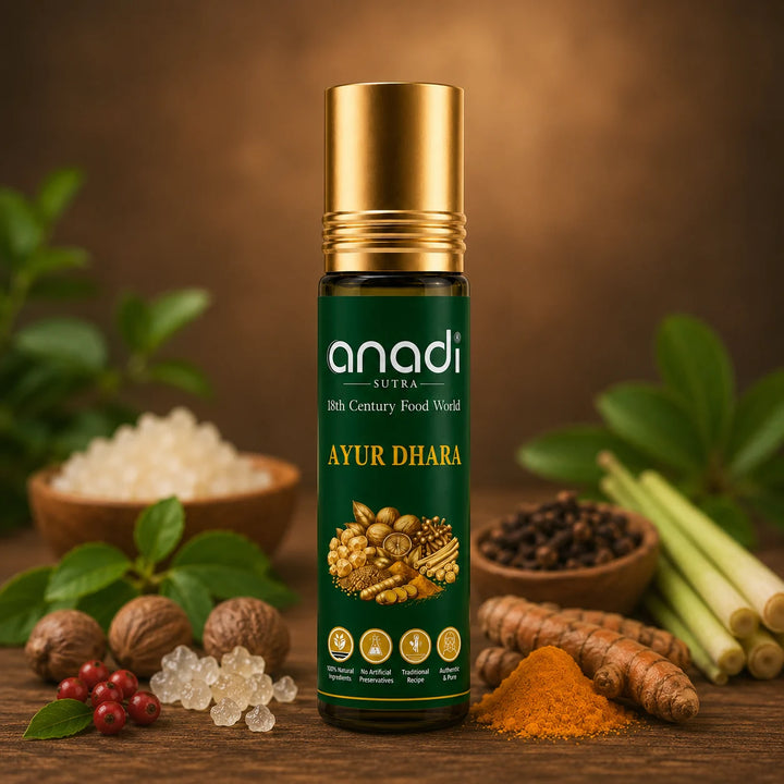 Ayur Dhara pain relief applicator oil bottle, dark green with gold cap, 8 ml size