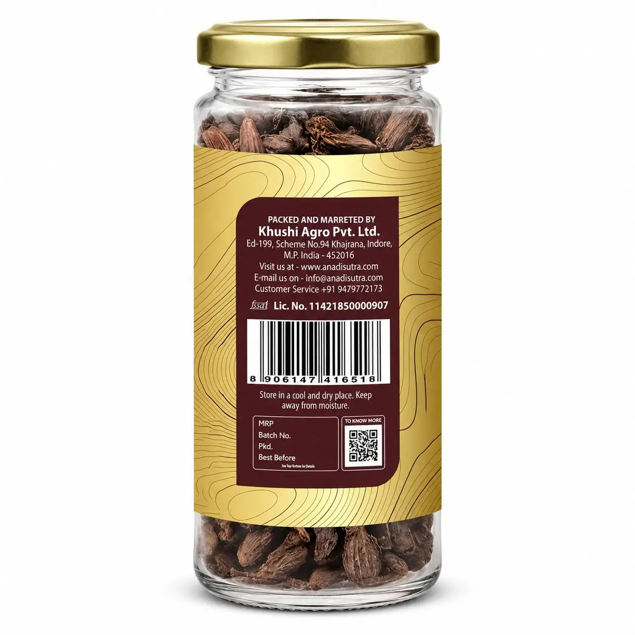 Jar of black cardamom pods, 75 g, with gold lid and sealed label