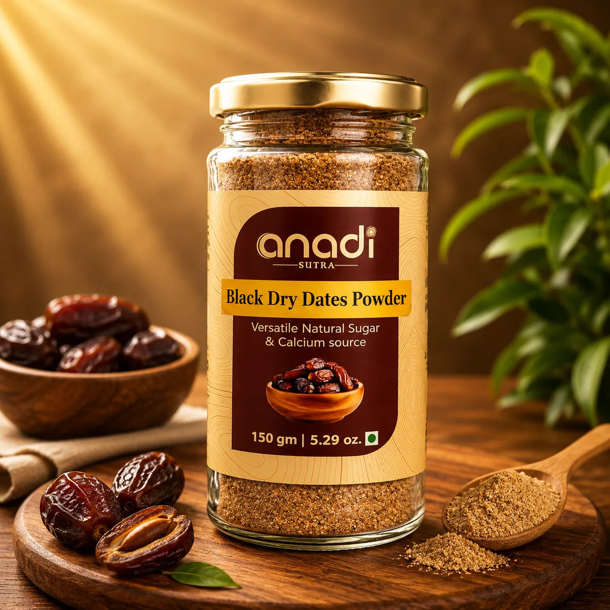 Black date powder jar with gold lid and beige label; granular powder inside