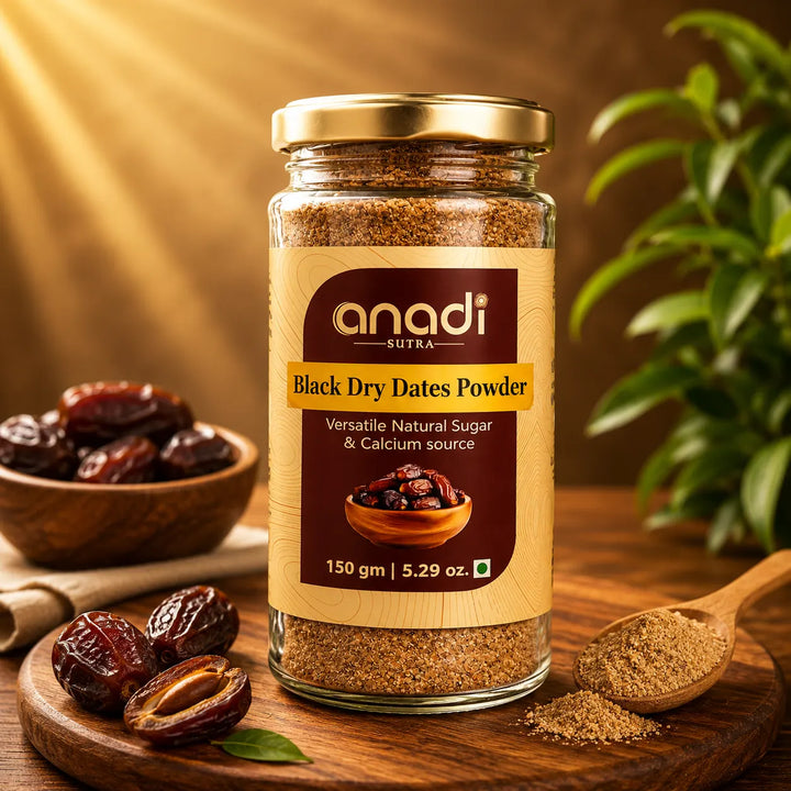 Black date powder jar with gold lid and beige label; granular powder inside