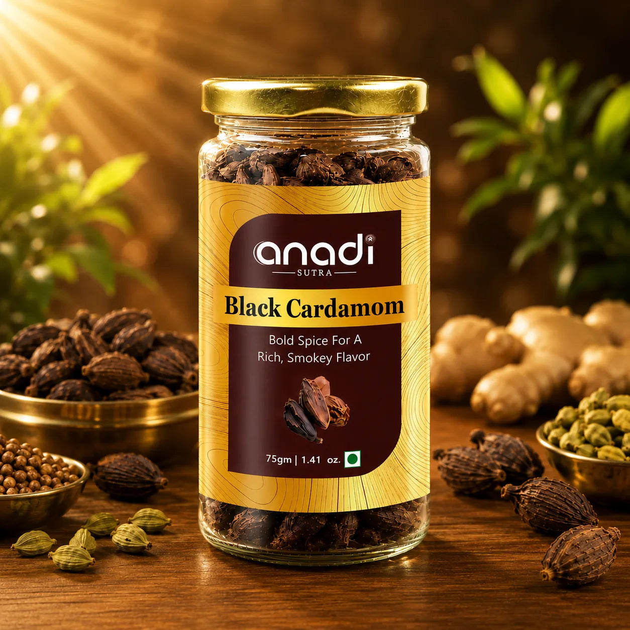 Close-up gold-lidded anadi SUTRA jar of black cardamom pods, 75 g